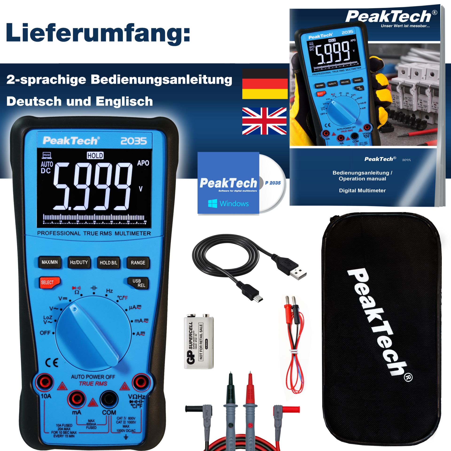 PeakTech P 2035 True RMS 1000 V Digitalmultimeter 6000 Counts, USB 